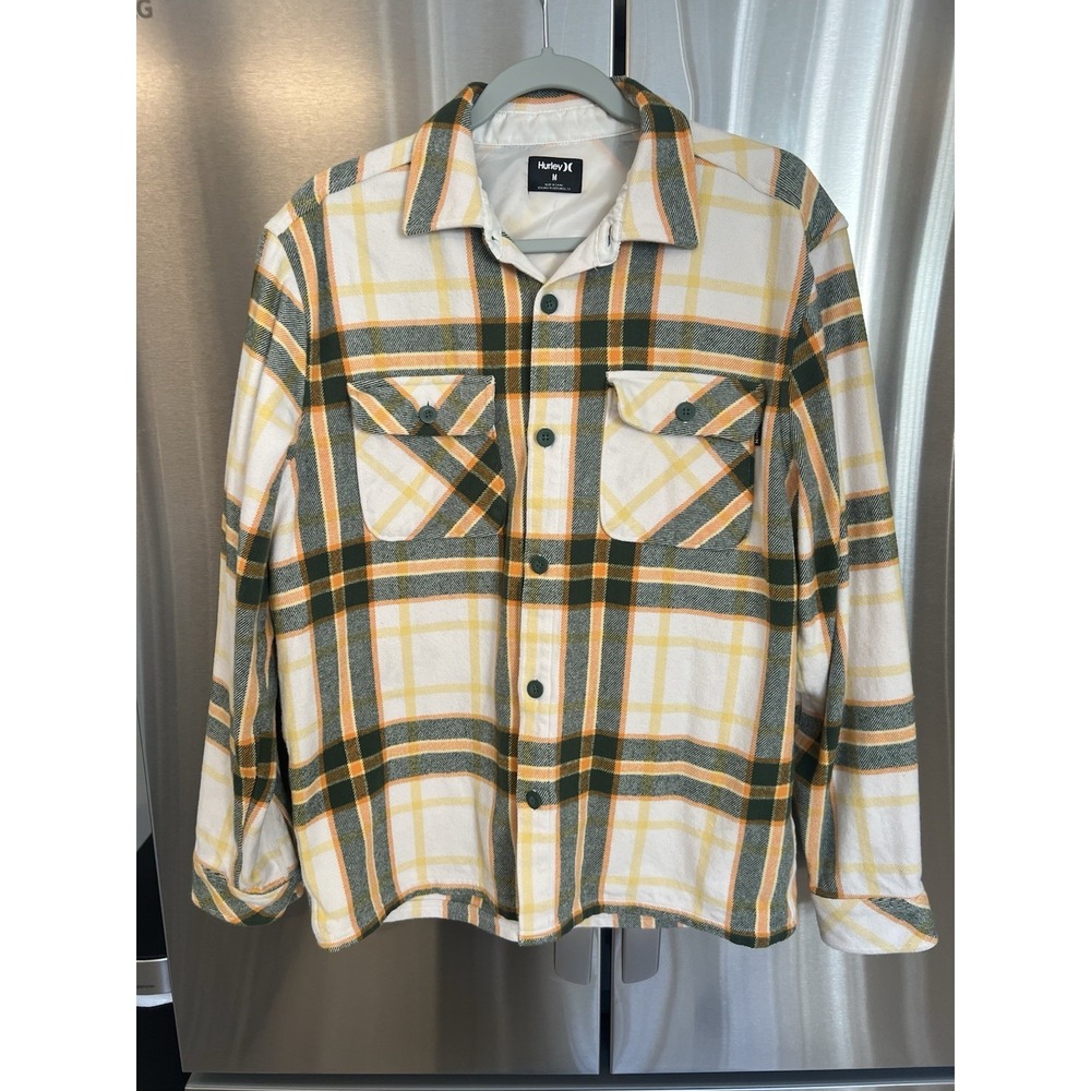Hurley Flannel Shirt Jacket Men's Medium Plaid Green Orange Button Front